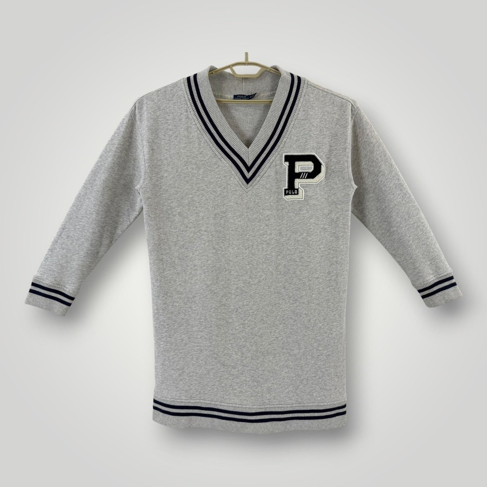 Polo Ralph Lauren Sweater Dress Womens M Gray Varsity P Patch Preppy